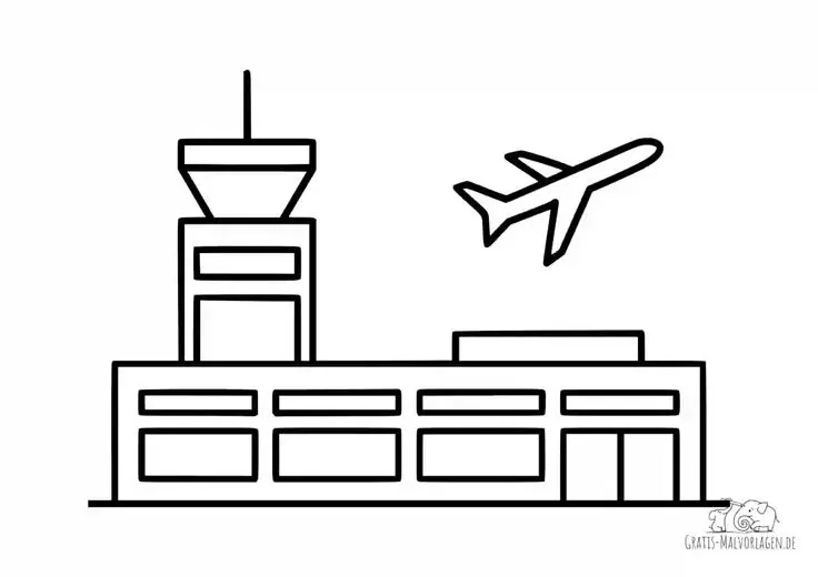 Flughafengebäude mit Tower und startendem Flugzeug
